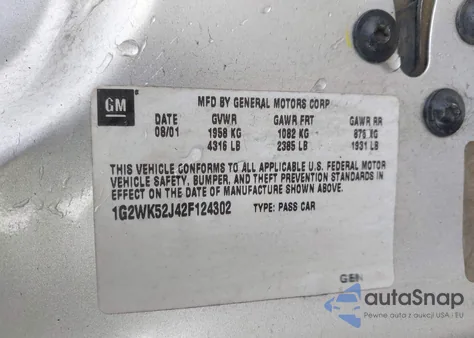 2002 Pontiac Grand Prix Se from USA, damaged, VIN 1G2WK52J42F124302